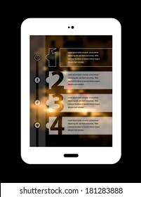 Timeline and option step progress banners on blurred defocused background, with tablet pc, 10 eps
