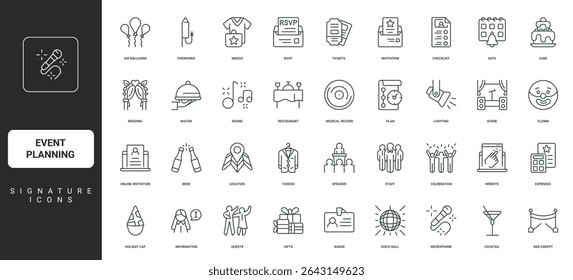 Timeline plan of celebration, music thin black symbols vector illustration. Event planning, wedding and birthday party, conference organization, registration and invitation line icon set.