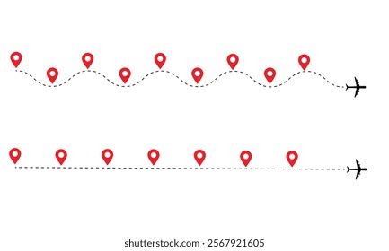 Timeline. Plane route dashed line with red map pins, airplane journey path chart with six steps.	
