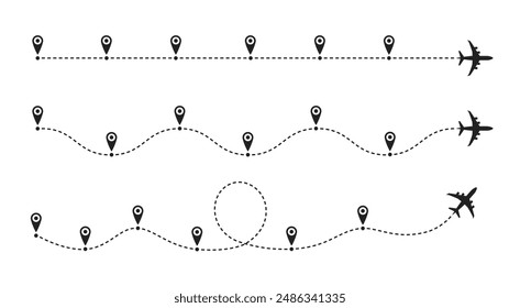 Timeline plane route. Flight paths with dashed line and airplane icons, roadmap infographic and travel path routes with location pin markers vector set. Journey trace business infographics chart.