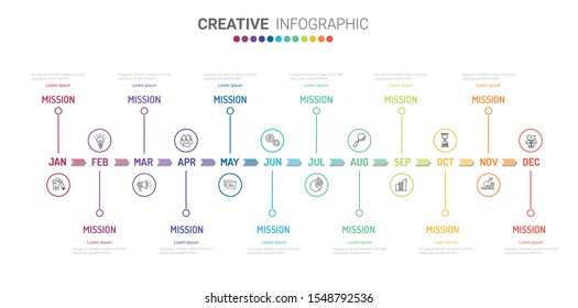 Timeline presentation for 1 year, 12 months, Timeline infographics design vector and Presentation business can be used for Business concept with 12 options, steps or processes.