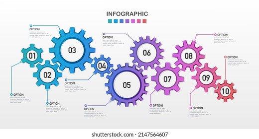 Timeline Presentation 10 Options Gear Colorful Gradient. Anniversary 10th Years. Planning 10 Years.