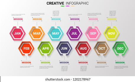 Timeline presentation for 12 months, 1 year, Timeline infographics design vector and Presentation business can be used for Business concept with 12 options, steps or processes.