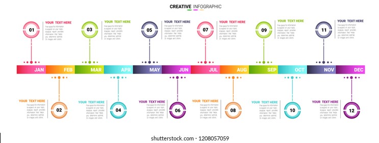 Timeline presentation for 12 months, 1 year, Timeline infographics design vector and Presentation business can be used for Business concept with 12 options, steps or processes.