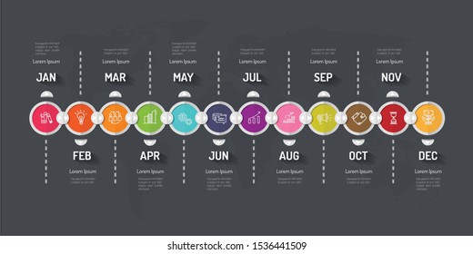 Timeline presentation for 12 months, 1 year, Timeline infographics design vector and Presentation business can be used for Business concept with 12 options, steps or processes. 