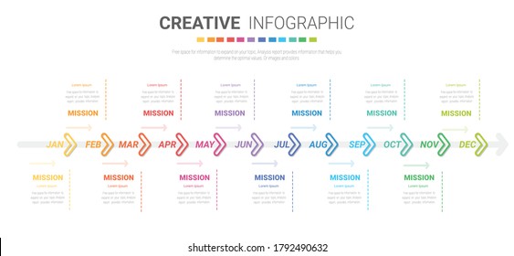 Timeline presentation for 12 months, 1 year, Timeline infographics design vector and Presentation business can be used for Business concept with 12 options, steps or processes. 