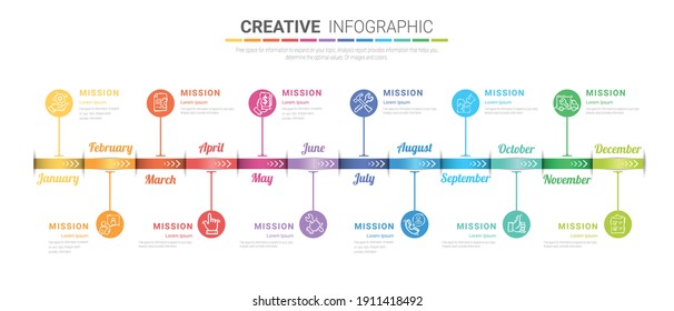 Timeline presentation for 12 months, 1 year, Timeline infographics design vector and Presentation business can be used for Business concept with 12 options, steps or processes. 