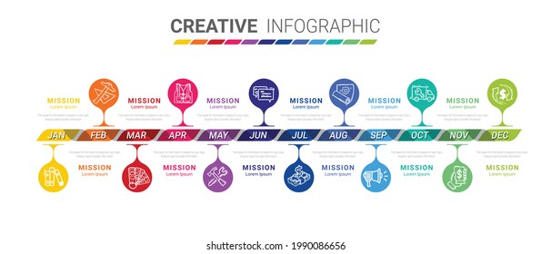 Timeline presentation for 12 months, 1 year, Timeline infographics design vector and Presentation business can be used for Business concept with 12 options, steps or processes. 