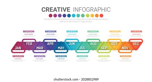 Presentación de la línea de tiempo durante 12 meses, 1 año, el vector de diseño de infografías de la línea de tiempo y el negocio de presentación se pueden utilizar para el concepto de negocio con 12 opciones, pasos o procesos. 