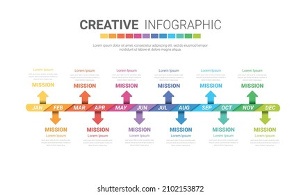 Timeline presentation for 12 months, 1 year, Timeline infographics design vector and Presentation business can be used for Business concept with 12 options, steps or processes. 