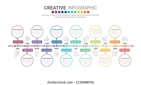 Timeline presentation for 12 months, 1 year, Timeline infographics design vector and Presentation business can be used for Business concept with 12 options, steps or processes. 