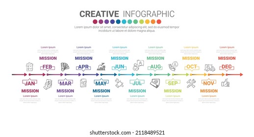 Timeline presentation for 12 months, 1 year, Timeline infographics design vector and Presentation business can be used for Business concept with 12 options, steps or processes. 