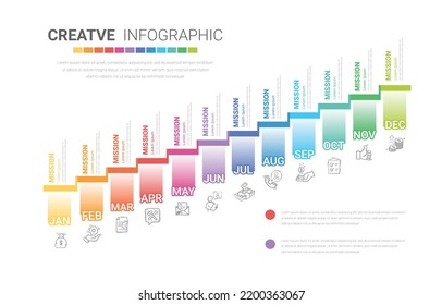 Timeline presentation for 12 months, 1 year, Timeline infographics design vector and Presentation business can be used for Business concept with 12 options, steps or processes. 