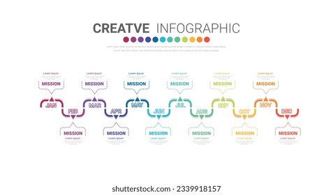 Timeline presentation for 12 months, 1 year, Timeline infographics design vector and Presentation business can be used for Business concept with 12 options, steps or processes. EPS Vector.