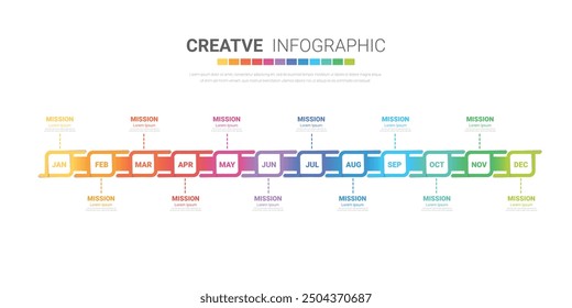 Timeline presentation for 12 months, 1 year, Timeline infographics design vector and Presentation business can be used for Business concept with 12 options, steps or processes. EPS vector.