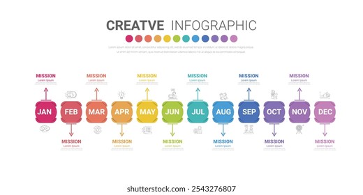 Timeline presentation for 12 months, 1 year, Timeline infographics design vector and Presentation business can be used for Business concept with 12 options, steps or processes. EPS vector.