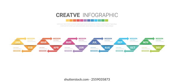 Timeline presentation for 12 months, 1 year, Timeline infographics design vector and Presentation business can be used for Business concept with 12 options, steps or processes. EPS vector.