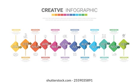 Timeline presentation for 12 months, 1 year, Timeline infographics design vector and Presentation business can be used for Business concept with 12 options, steps or processes. EPS vector.