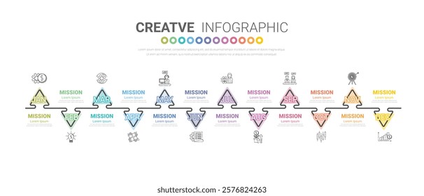 Timeline presentation for 12 months, 1 year, Timeline infographics design vector and Presentation business can be used for Business concept with 12 options, steps or processes. EPS vector.