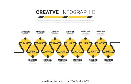Timeline presentation for 12 months, 1 year, Timeline infographics design vector and Presentation business can be used for Business concept with 12 options, steps or processes. EPS vector.