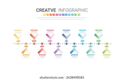 Timeline presentation for 12 months, 1 year, Timeline infographics design vector and Presentation business can be used for Business concept with 12 options, steps or processes. EPS vector.
