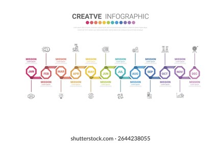 Timeline presentation for 12 months, 1 year, Timeline infographics design vector and Presentation business can be used for Business concept with 12 options, steps or processes. EPS vector.