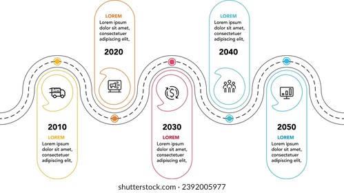 Timeline presentation for 2010-2050, Timeline infographics design vector, and Presentation business can all be used to illustrate business concepts with five options, steps, or procedures. 