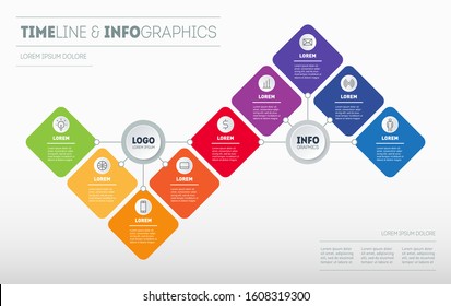 Timeline, Presentation or infographics with 9 steps. Template of Info graphic for technological or education process with nine options. Gradual development of business in a recession. Investment plan.
