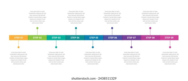 Timeline process infographic with 09 steps. Timeline diagrams in white color background