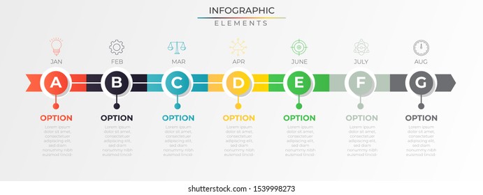 Timeline process infographic . template with 7 horizontal colorful arrow, circle and icons elements. Modern vector art for company or corporate business project and presentation. Trendy Eps10 design