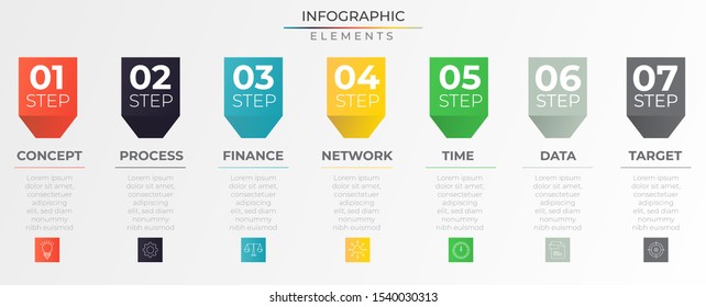 Timeline process infographic . template with 7 horizontal colorful square and icons elements. Modern vector art for company or corporate business project and presentation. Trendy Eps10 design