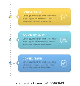 Timeline or process infographic template with three colorful horizontal steps connected by dotted line
