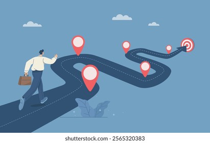 Timeline, Progress in business, Roadmap, Businessman project manager running work on project timeline, Project planning, Key route map with action plans, Timeline to success, Vector illustration.