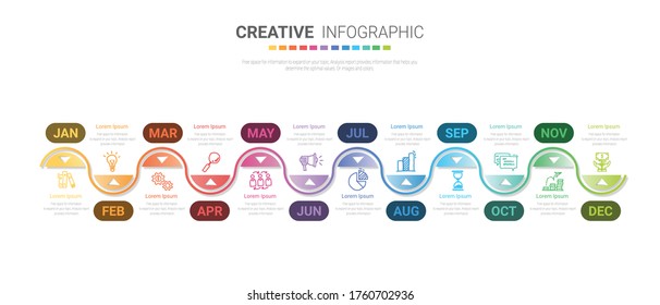 Timeline project for 1 year, 12 months, infographics all month planner design and Presentation business can be used for Business concept with 12 options, steps or processes. 