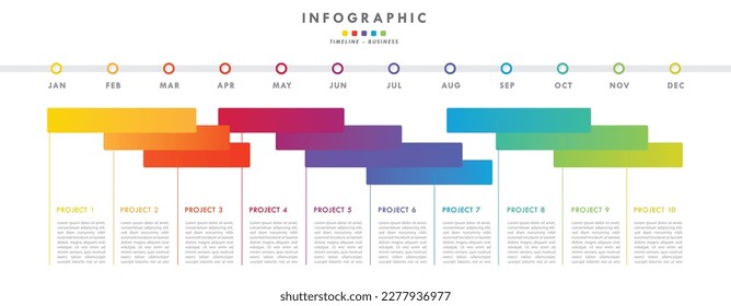 Timeline and project management month in a year business panoramical horizontal infographic. Modern Cclorful flat infographics design template. Simple vector illustration for business presentation.