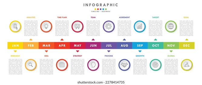 Timeline and project management month in a year business panoramical horizontal infographic. Modern Cclorful flat infographics design template. Simple vector illustration for business presentation.