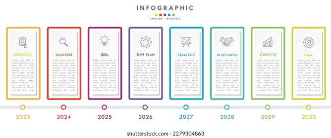 Timeline and project management month in a year business panoramical horizontal infographic. Modern Cclorful flat infographics design template. Simple vector illustration for business presentation.