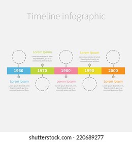 Timeline ribbon Infographic with empty dash line circles and text. Template. Flat design. Vector illustration