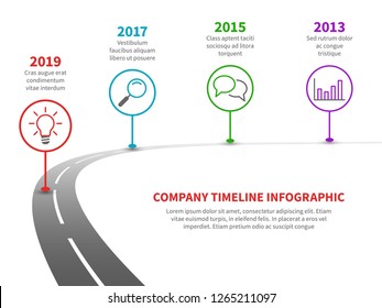 Timeline road infographic. Strategy process to success roadmap with history milestones. Business company planning vector template