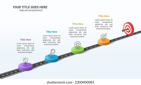 Timeline Road Infographics with Isometric Circles, Four Steps, and Business Icons on a 16:9 Ratio Layout for Business Goals, Business Reports, and Website Design.