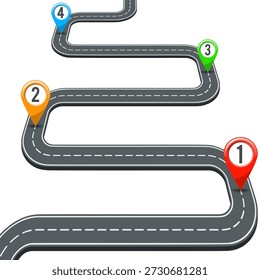 Infografías de línea de tiempo con punteros de pin Concepto de negocio con infografías de línea de tiempo y punteros de pin en fondo transparente. Iconos de estilo plano. Ilustración vectorial aislada