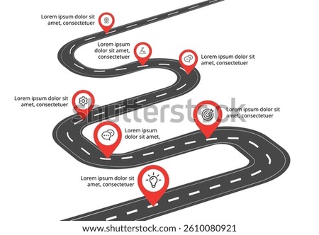 Timeline Roadmap with 7 Steps and Icons – Creative Infographic with Pins, Suitable for Business Brochures, Banners, and Slides