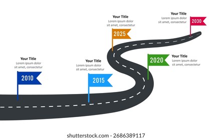 Ilustración de la hoja de ruta de la línea de tiempo en carretera sinuosa, marcadores de año en una ruta de camino para las metas de logro, representación del progreso, visualización del éxito, planificación del proyecto