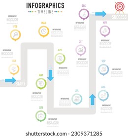 Timeline Roadmap Infografik Vorlage oder Element mit 12 Monaten, Schritt, Prozess, Option, bunter Kreis, Pin, Navigation, Rundschreiben, Tag, minimaler, moderner Stil für den Verkauf Folie, Planer, Plan, Web