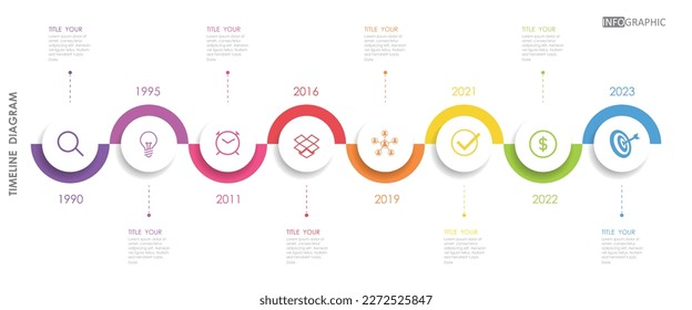 diagrama de proyecto de mapa de ruta de línea de tiempo Plantilla de infografía para empresas. Diagrama de línea de tiempo moderno de 8 pasos con la infografía de la hoja de ruta del vector de presentación.