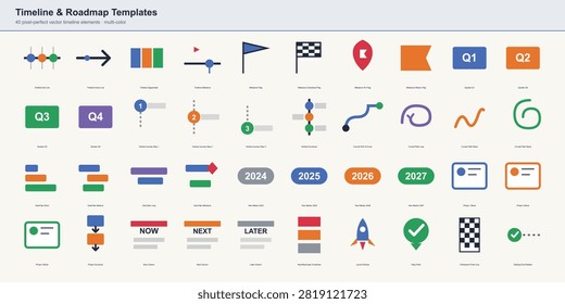Timeline and roadmap template kit featuring horizontal timelines, milestone flags, quarter roadmap blocks, vertical journey steps and Gantt-style bars.
