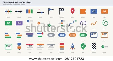 Timeline and roadmap template kit featuring horizontal timelines, milestone flags, quarter roadmap blocks, vertical journey steps and Gantt-style bars.
