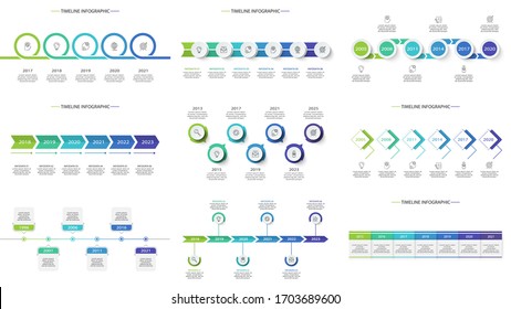 Timeline set with 5, 6, 7 elements, infographic template for web, business, presentations, vector illustration.