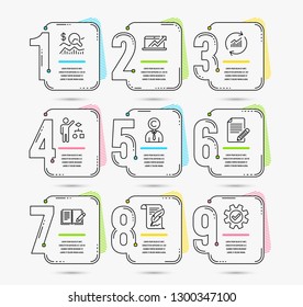 Timeline set of Article, Copyrighter and Feather icons. Algorithm, Feedback and Check investment signs. Sales diagram, Update data and Service symbols. Vector