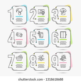 Timeline set of Certificate, Lift and Communication icons. T-shirt design, Add purchase and Serum oil signs. Elephant on ball, Refresh mail and Skin care symbols